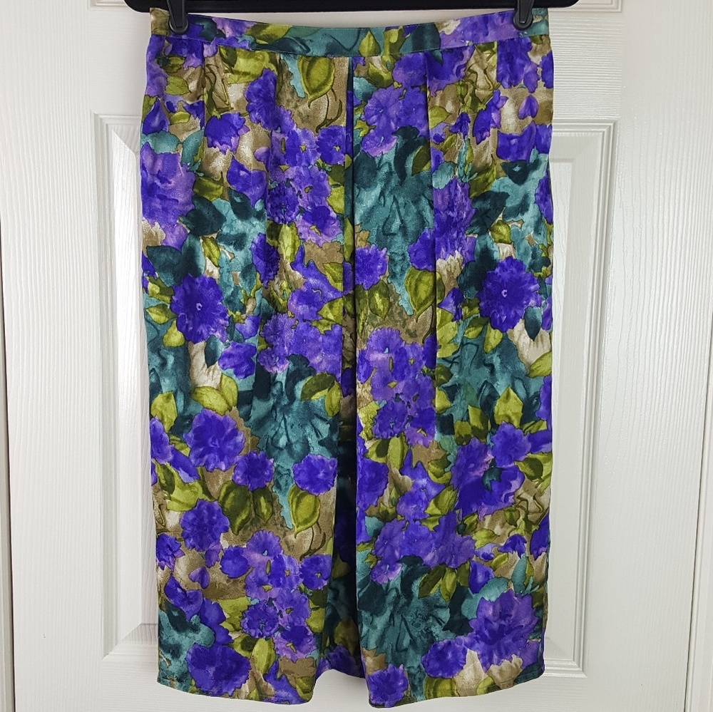 Vintage Green & Purple Floral Silk Skirt